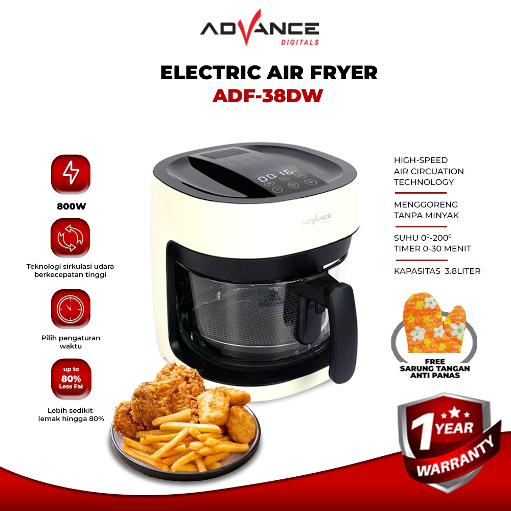 Advance Digitals Digital Air Fryer ADF-38DW Transparan Glass 800 Watt Garansi Resmi 1 Tahun