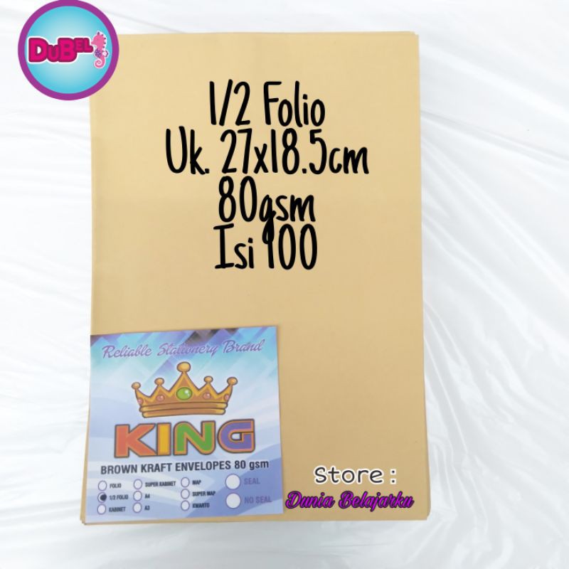 

Amplop Coklat Setengah Folio King 27x18,5cm 80gsm Isi 100 Lbr [Pack]