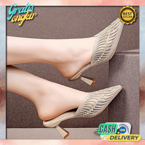 Best Seller.. Fladeo D21/Ldfh598-2Ra/Sandal Heels Slide Wanita [Chunky Heel ] Sandal Haihils High He