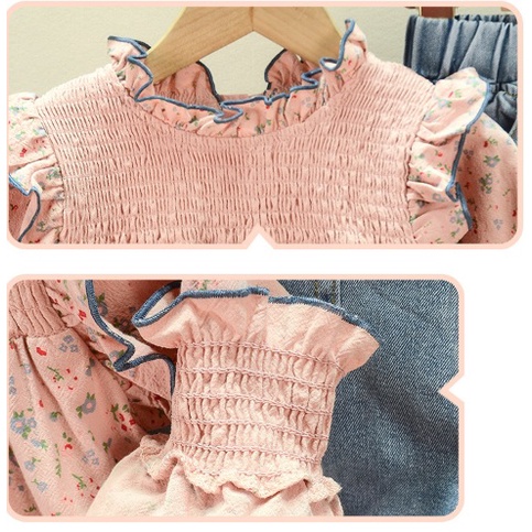 STELAN ANAK/MODEL PINK BUNGA KERUT JEANS FOR KIDS COTTON 100-140