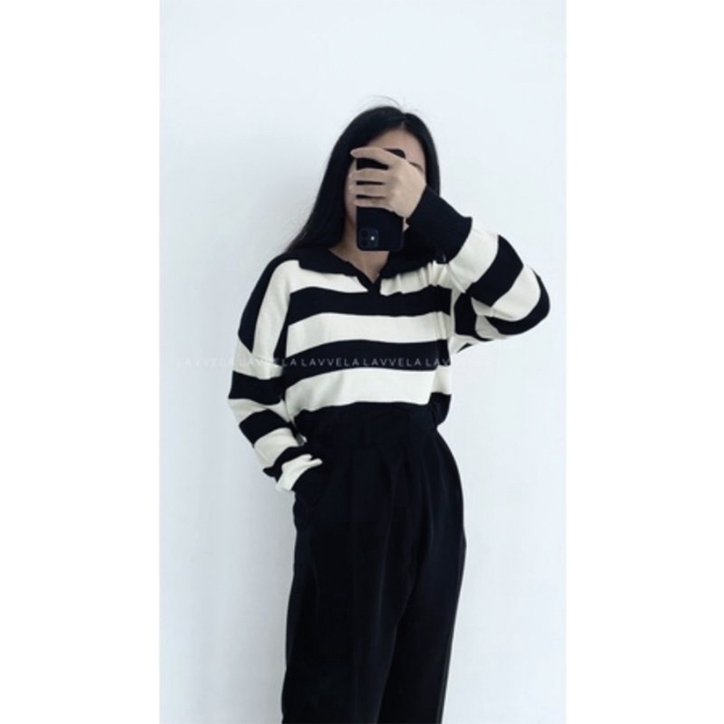 [BISA COD] Olivia Polo Strip Knit / Crop Top / Sweater Rajut Wanita / Atasan Wanita / Baju / Pakaian Wanita