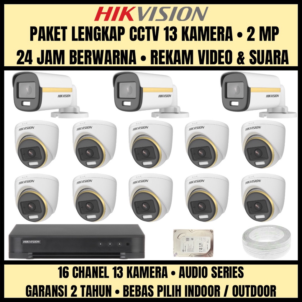 PAKET CCTV HIKVISION COLORVU 2MP 16 CHANNEL 13 CAMERA KAMERA CCTV TURBO HD