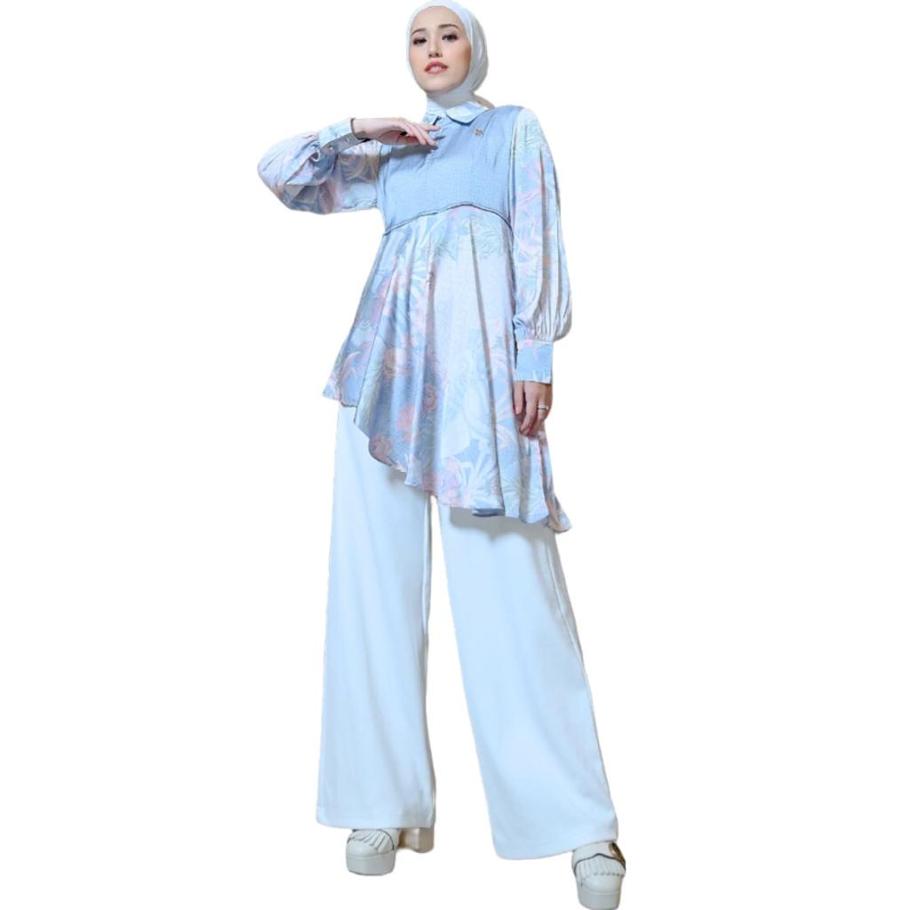 Tunik Alaya Atasan Wanita Bahan Satin Silk Armani Lembut dengan Motif Bunga Musim Semi