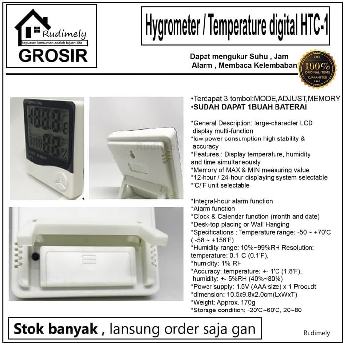 GROSIR TERMOMETER HYGROMETER RUANG DIGITAL JAM THERMOMETER IN OUT HTC-1