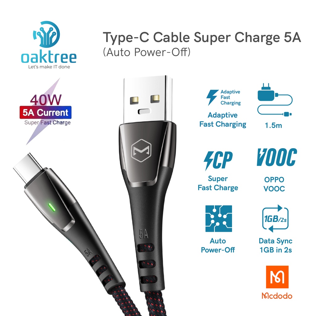 Mcdodo Auto Disconnect Kabel Data USB Type C Fast Charging Super Charge 5A SCP VOOC QC 3.0/4.0