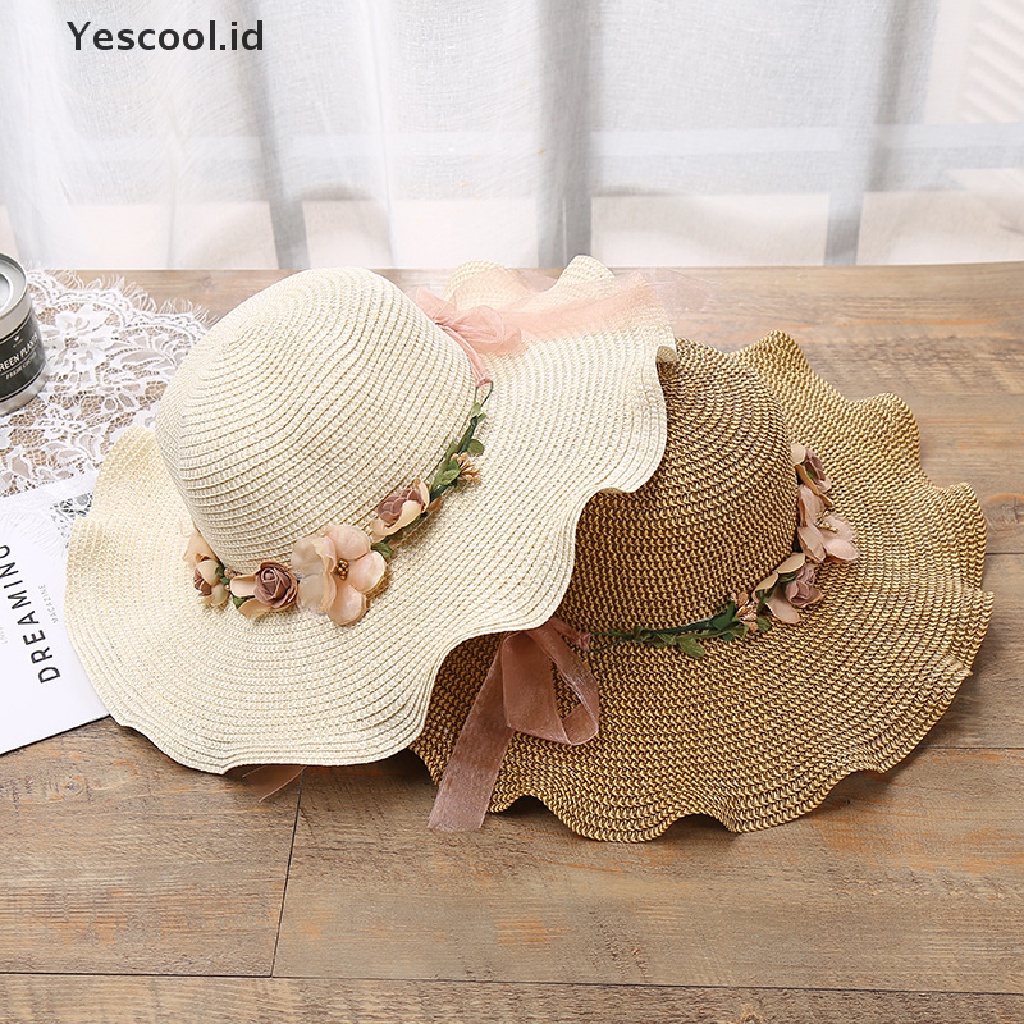 Topi Pantai Handmade Bahan Jerami Motif Bunga Untuk Wanita