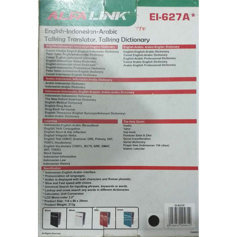 ALFALINK EI 627A / KALKULATOR ELEKTRONIK KAMUS BAHASA INGGRIS