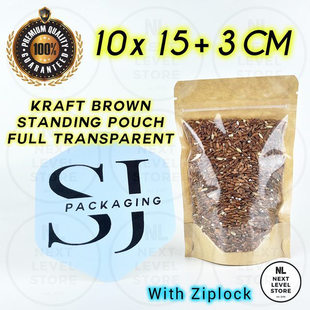 Standing Pouch Kraft Brown 10x15+3cm Full Transparent Ziplock Flat
