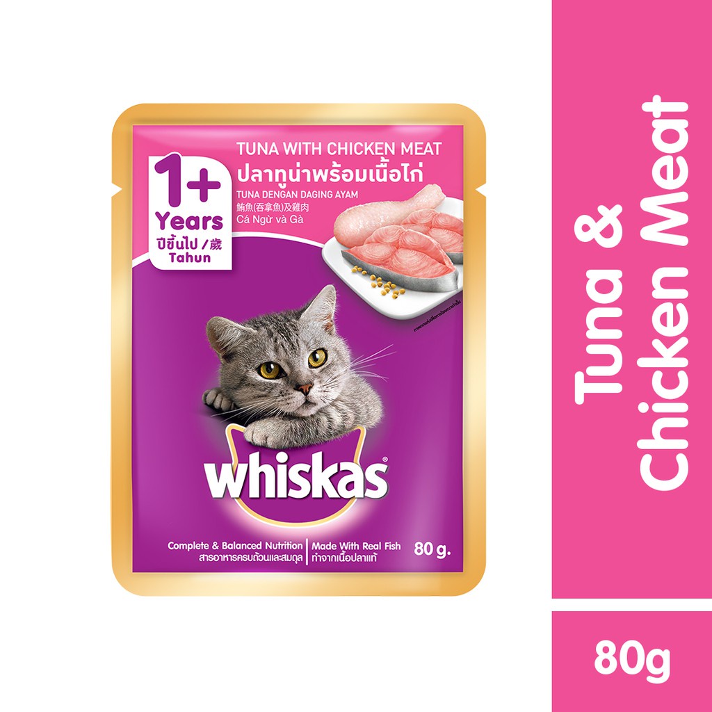 WHISKAS® Makanan Kucing Basah Pouch 80gr Isi 24-Chicken & Tuna