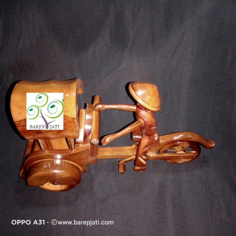 miniatur becak kayu jati