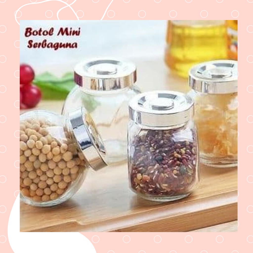 TOPLES BUMBU KACA Miring/Toples Permen/Toples Kue/Tutup Silver 180 ml MG