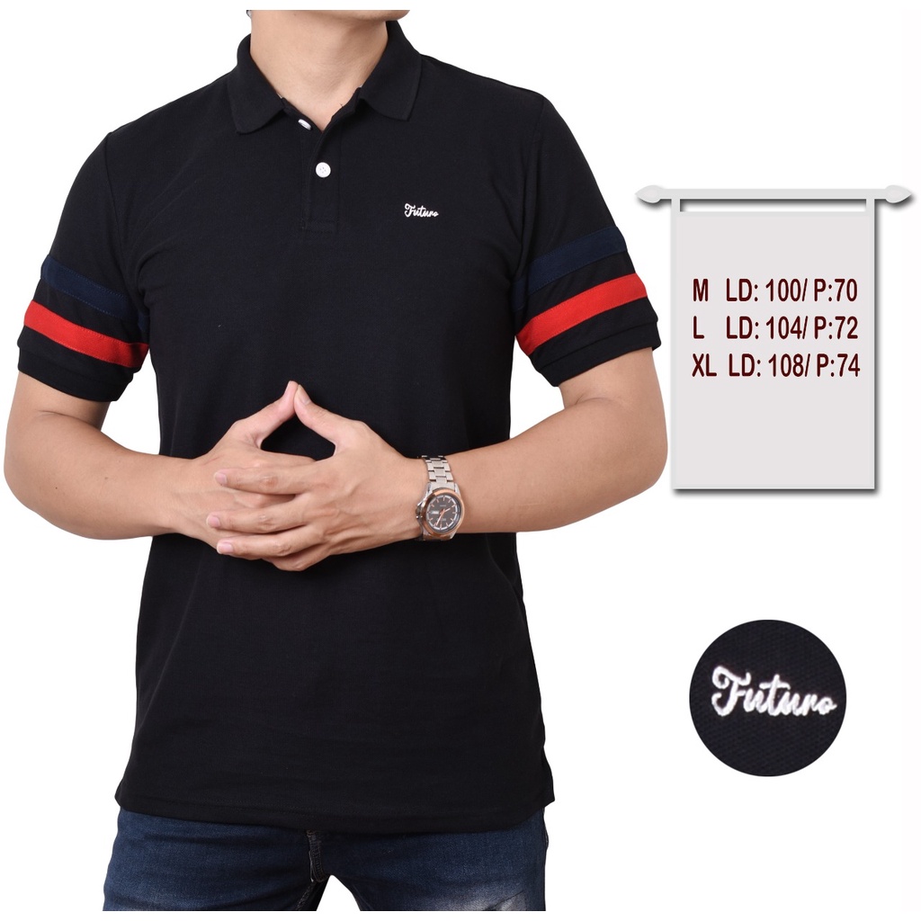 BAJU KAOS KERAH DISTRO KAOS POLO SHIRT POLOS PRIA HITAM LIST LENGAN