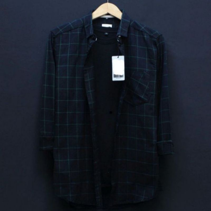 Kemeja flanel pria unisek flanel wanita panjang kotak-kotak kualitas impor bisa pilih motif-Hitam garis ijo