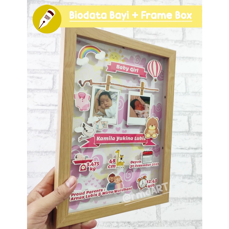 Gift Custom Popup Frame/ scrapbook/ foto biodata bayi + bingkai 3D A4 /cetak foto bayi /biodata bayi