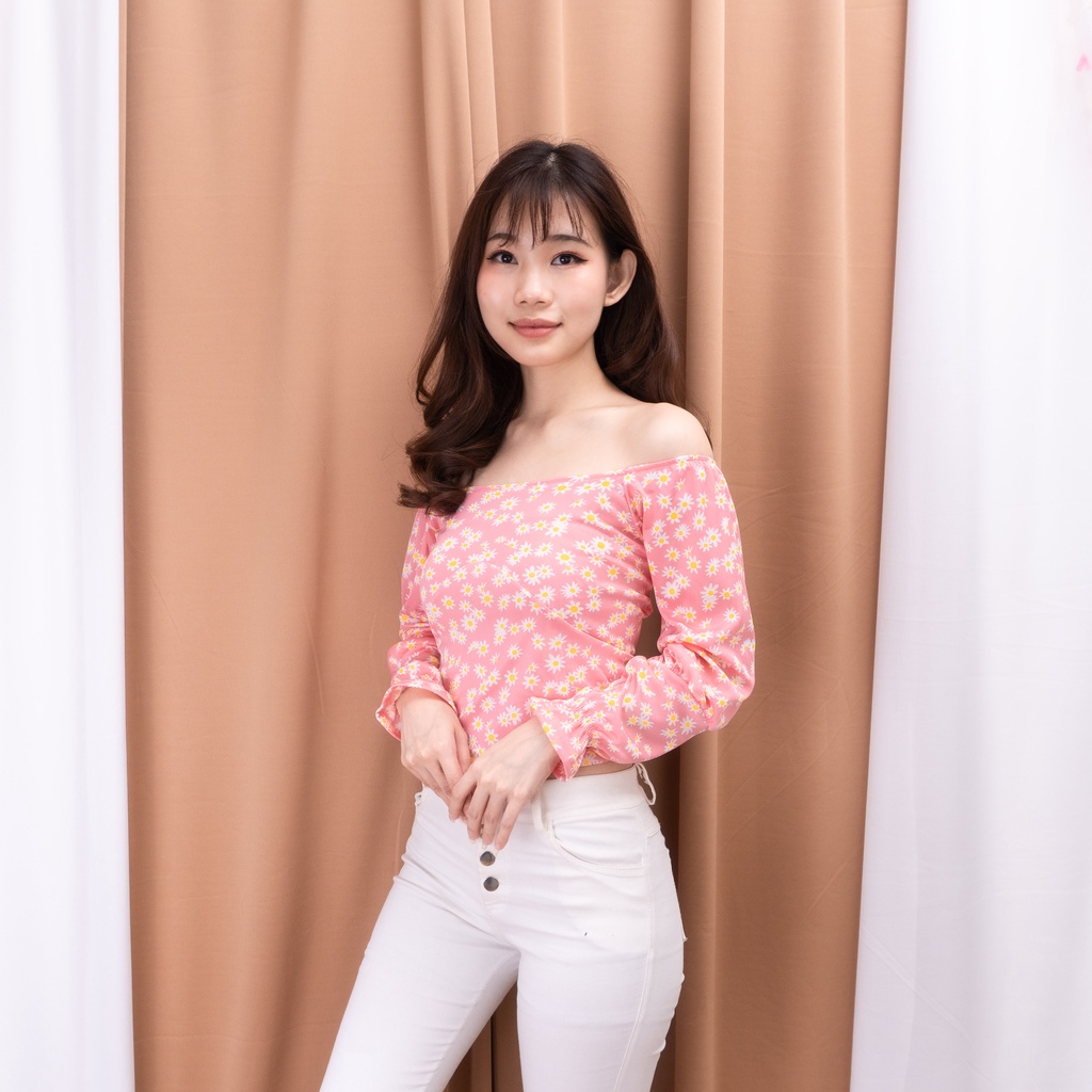 PAULA DAISY LONGSLEVEE - Blus Sabrina Wanita Lengan Puff Motif Bunga Daisy Gaya Korea Blouse Wanita-SALEM