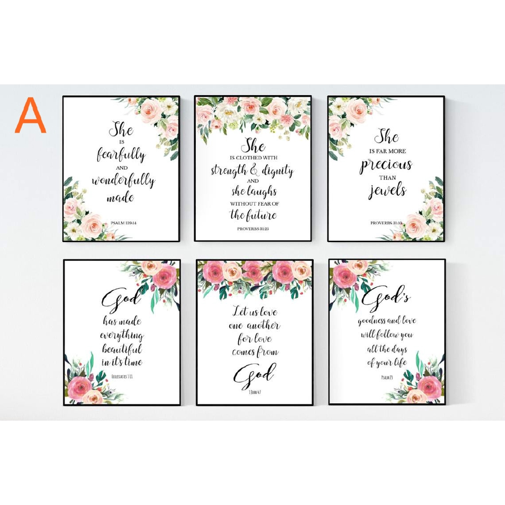 6pcs Set Bible Verse Christian Wall Art Flowers Quotes Canvas Prints Picture Unframed Shopee Indonesia