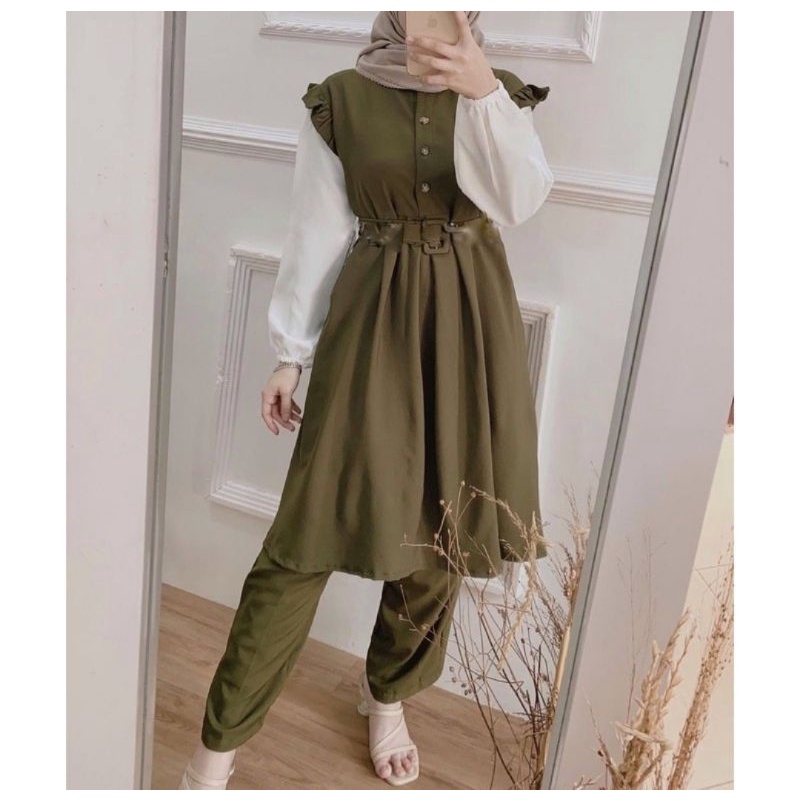 ONE SET JUMBO XXL - STANDART L / XL - ONE SET NIKEN SET / SETELAN WANITA ONE SET DAILY SET TUNIK  FASHION WANITA-NIKEN SET ARMY XXL