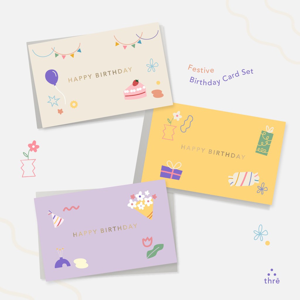 

Thre Design Festive Birthday Card Set / Kartu Ulang Tahun Isi 3