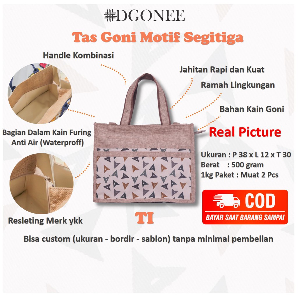 Dgonee T1 Motif Segitiga Tas Tote Bag Totebag Goni Belanja Kerja Kuliah Wanita Cewek Custom | T109