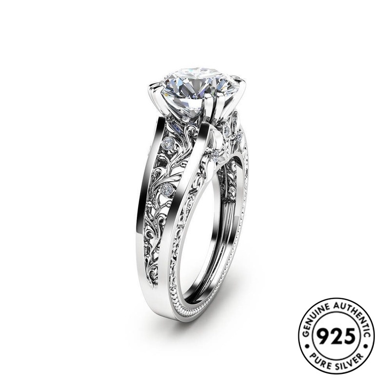 Cincin Sterling Silver 925 Desain Bunga Hias Berlian Imitasi Elegan Untuk Wanita