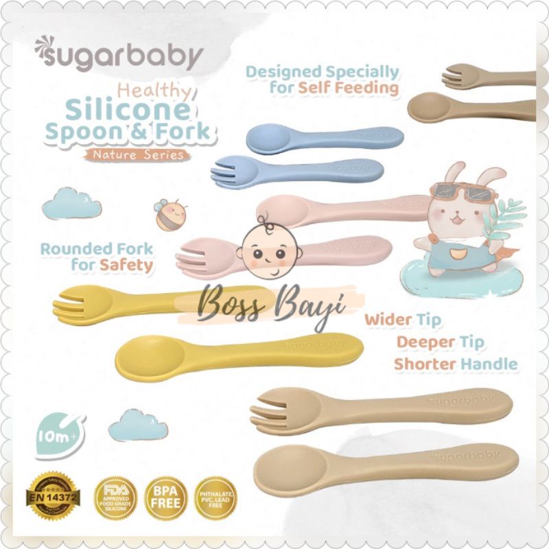 SUGARBABY Healthy Silicon Spoon &amp; Fork Nature Series /Sendok Garpu Silikon Bayi Anak Sugar Baby