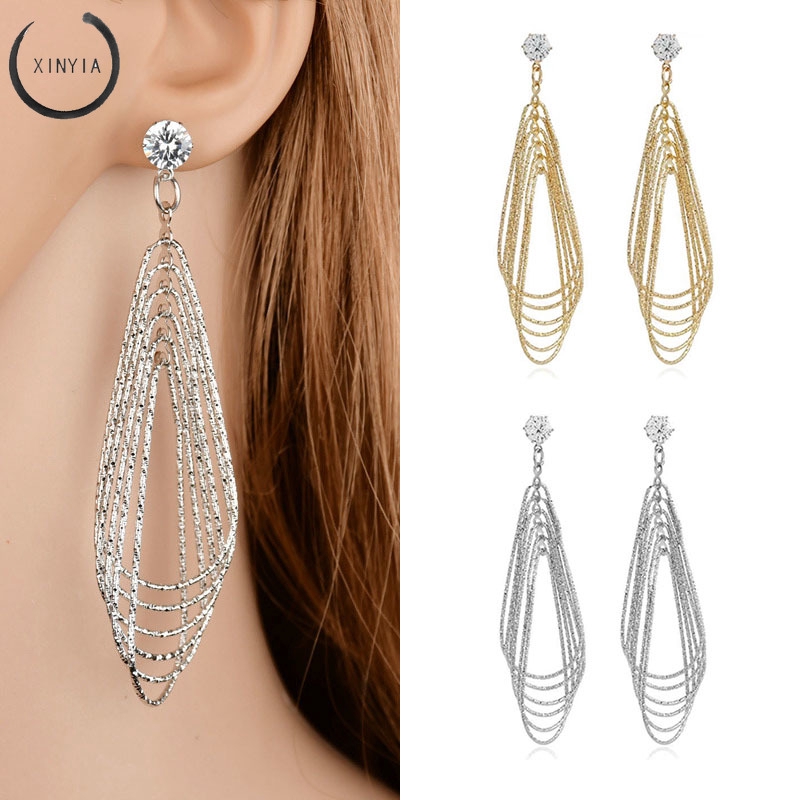 Multi-layer Logam Water Drop Earrings Retro Anting-anting Panjang Wanita Yang Berlebihan