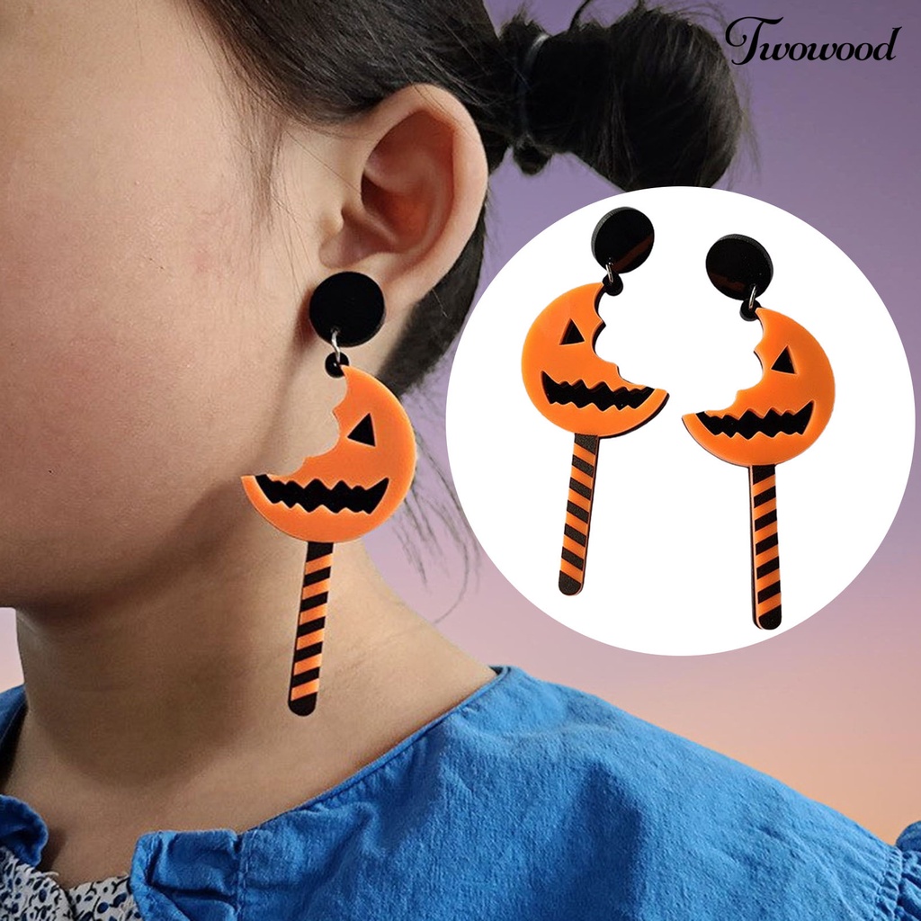 Twowood 1 Pair Halloween Earrings Pumpkin Pattern Moon Shape Acrylic Piercing Classic Dangle Earrings Fashion Jewelry