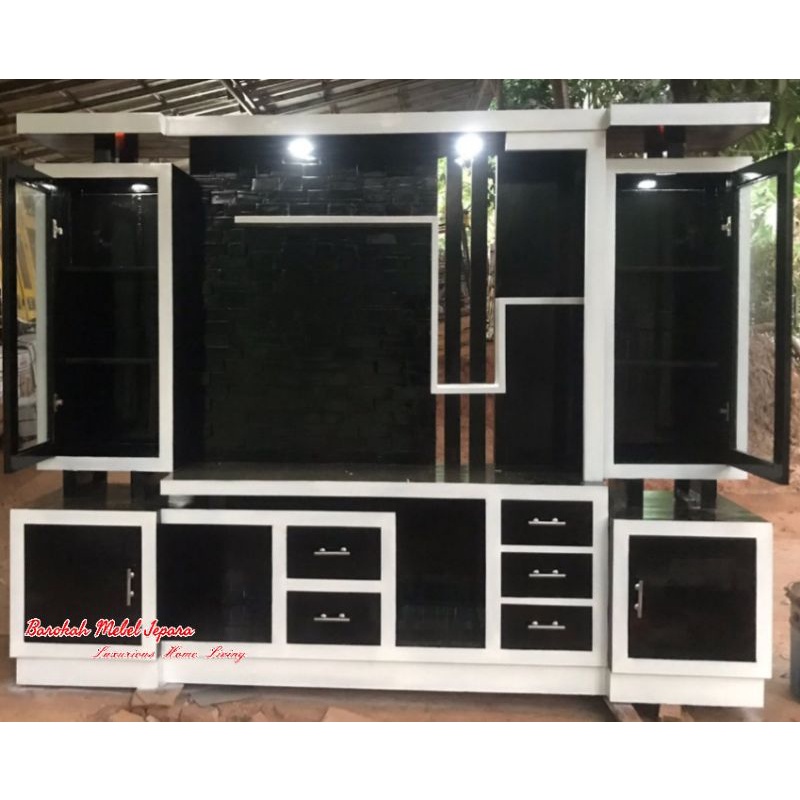 Bufet TV Partisi Penyekat ruangan 2.5 meter Jati Finishing Hitam Kombinasi Putih
