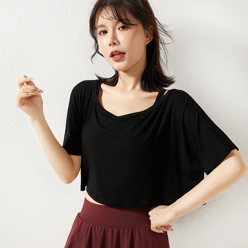 [Spot] Kaos Olahraga Pendek Wanita Crop Tee Gym Dance Cropped Pusar Nyaman Sweatshirt Lengan Pendek Longgar Pakaian Yoga-4