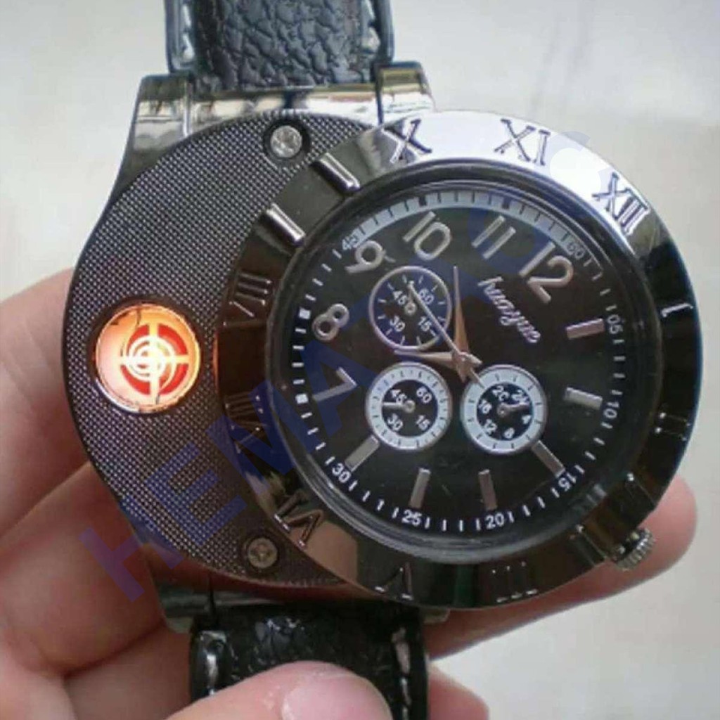 Jam Tangan Korek Api Elektrik Military Outdoor Windproof Travel Formal Pria QUARTZ Pemantik Api