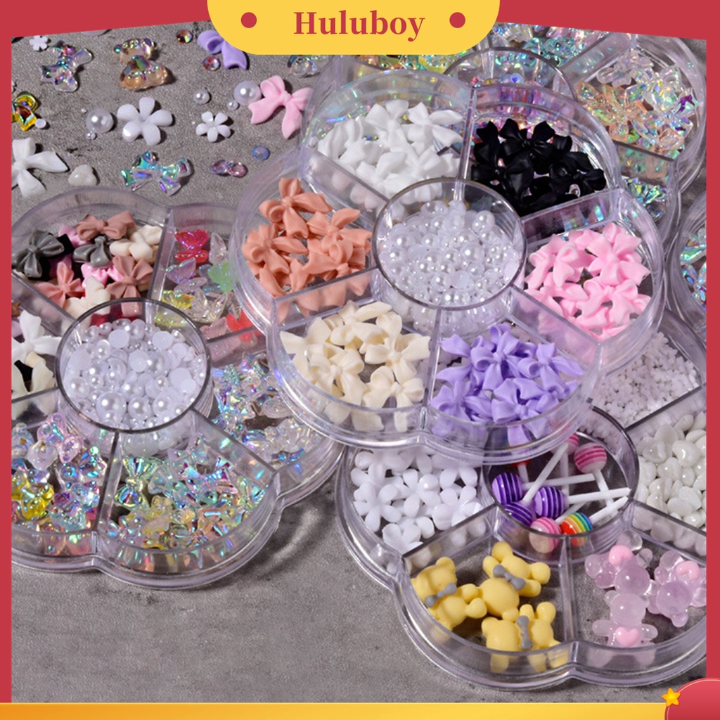 Huluboy Huluboy♡ 1 Kotak Perhiasan Berlian Imitasi Bentuk Pita Beruang Mutiara Untuk Dekorasi Nail Art