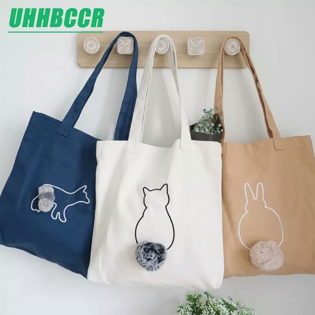 TOTE bag CAT TAIL pompom Bulu /tas fashion tas batam taswanita / K-POP / BTS / EXO / BIGBANG / SUJU