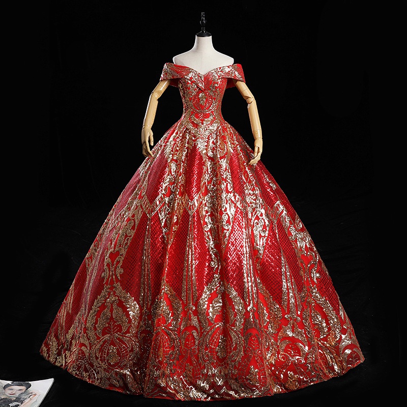 Vintage Bridal Red Off Shoulder Wedding Dress Lace Sequin Beaded Bridal Ball Gown Dress