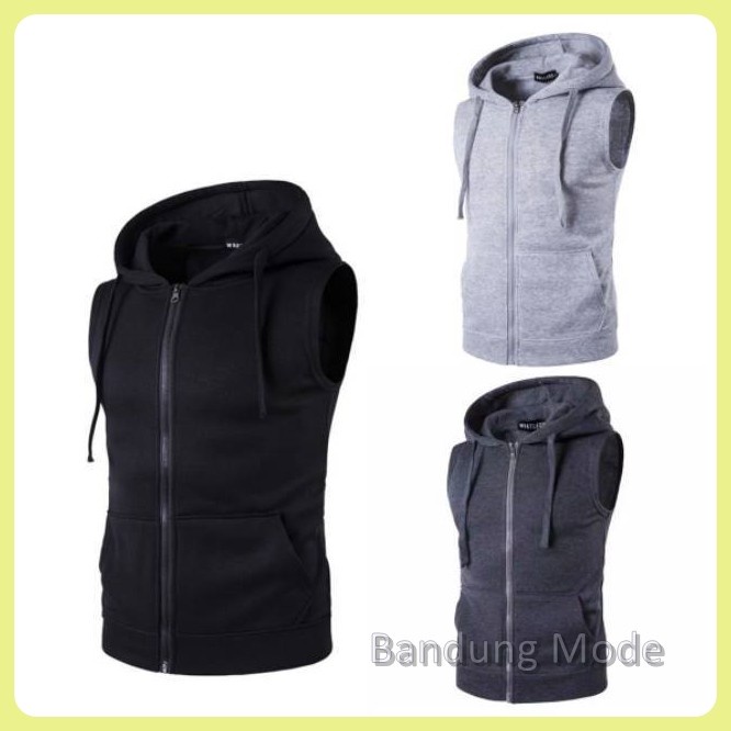 Jaket Sweater Hoodie Lengan Buntung - Rompi Vest Zipper Cowok Pria - Abu tua, L(I3Q5) Jaket Pria Boo