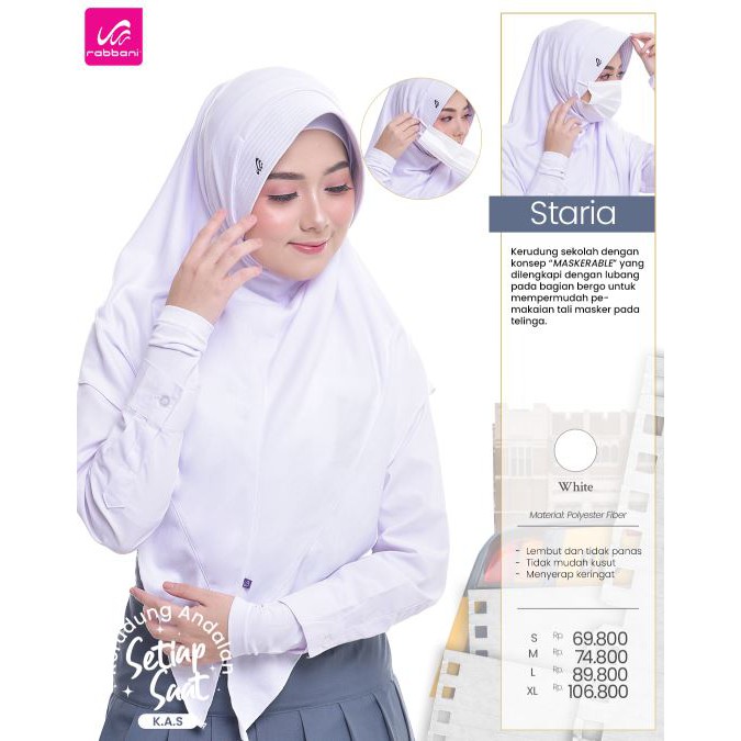 Kerudung Staria | Jilbab Sekolah | Kerudung Anak Instan | Kerudung Putih ORI Rabbani