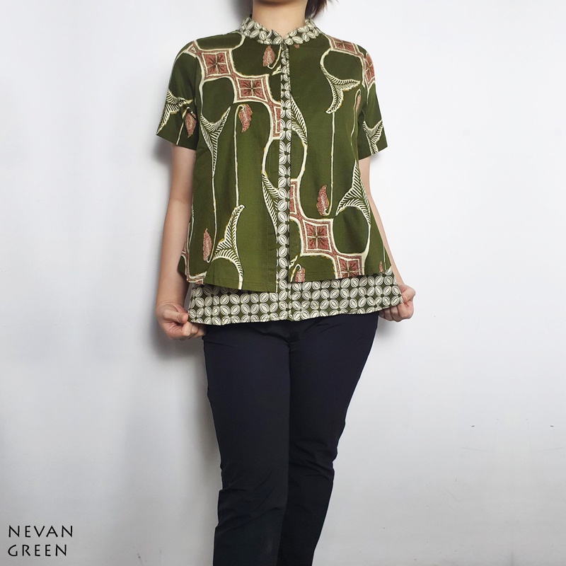 Evercloth Nevan Atasan Batik Perempuan Baju Batik Cewek Kemeja Sleting Depan Kerah Shanghai Batik Busui