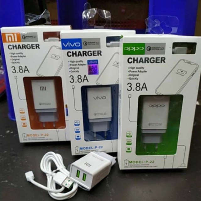 Charger Universal 2 USB Merek Samsung Vivo Oppo Xiaomi Micro USB Travel Adaptor Branded Quallcomm P22