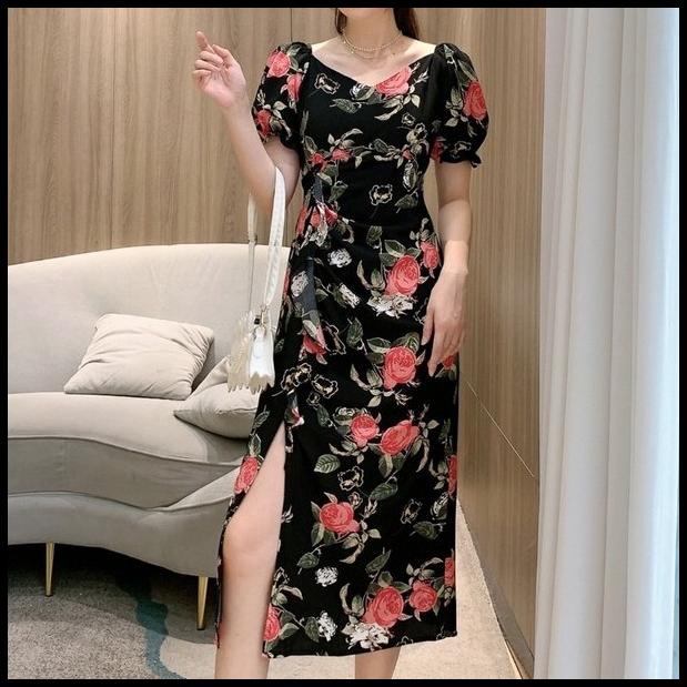 Midi Dress Floral Roses Slit Classic Black Elegant Korean Style Tnf