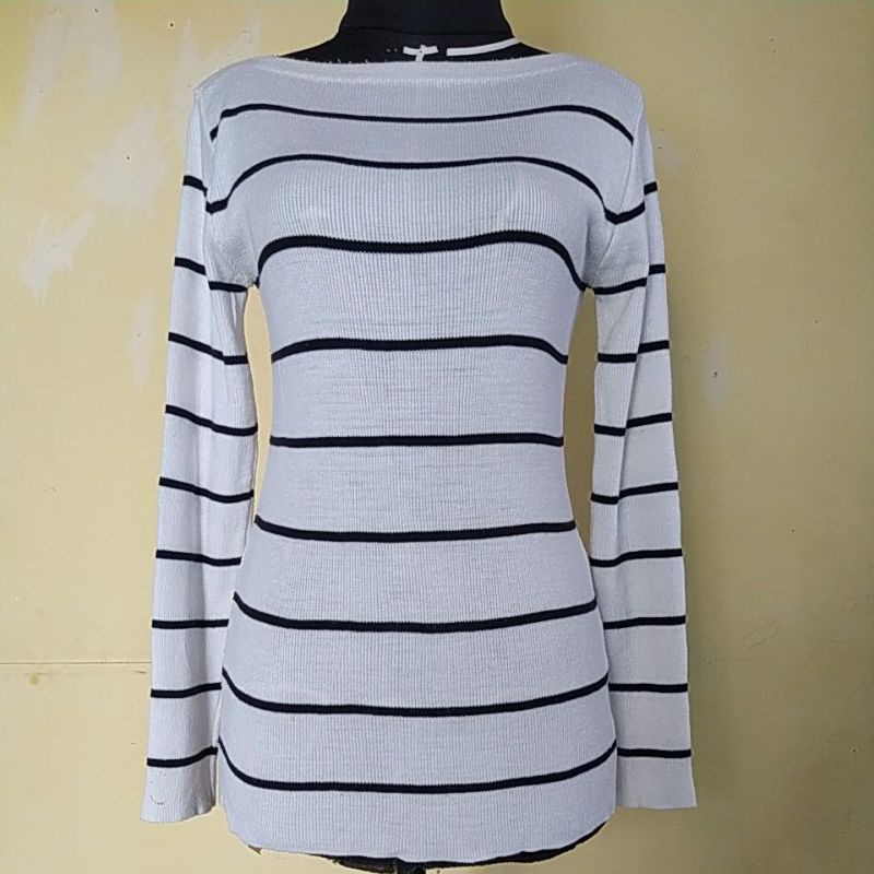 Rajut lidi waffle kaos korea salur hitam putih import