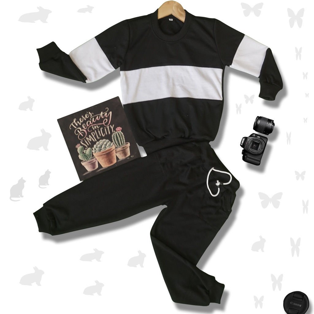 BAJU ANAK SETELAN SWEATER TRENING TRAINING JOGGER OLAHRAGA LAKILAKI/PEREMPUAN 2-12 thn-STELAN STRIP HITAM