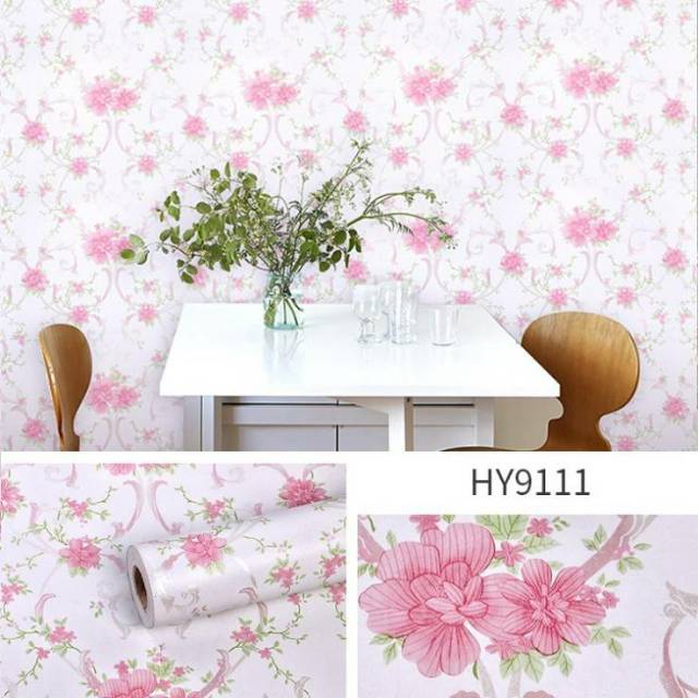 Grosir Murah wallpaper Sticker Dinding Warna dasar putih motif bunga bunga pink
