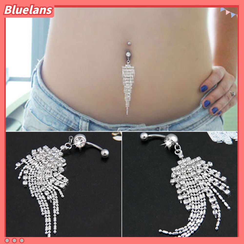 Bluelans Women Rhinestone Tassel Long Chain Dangle Navel Bar Button Belly Ring Jewelry