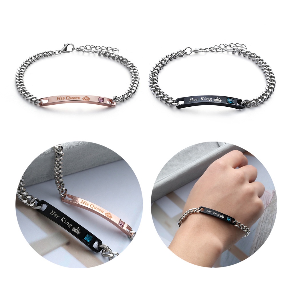 4pcs / set Gelang Cincin Pasangan Bahan stainless steel Desain His Queen / Her King Untuk Hadiah