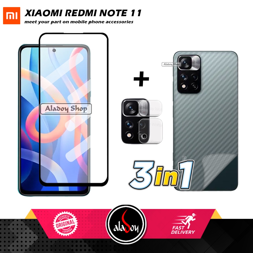 PAKET 3 IN 1 Tempered Glass Layar Xiaomi Redmi Note 11 Free Tempered Glass Camera dan Skin Carbon