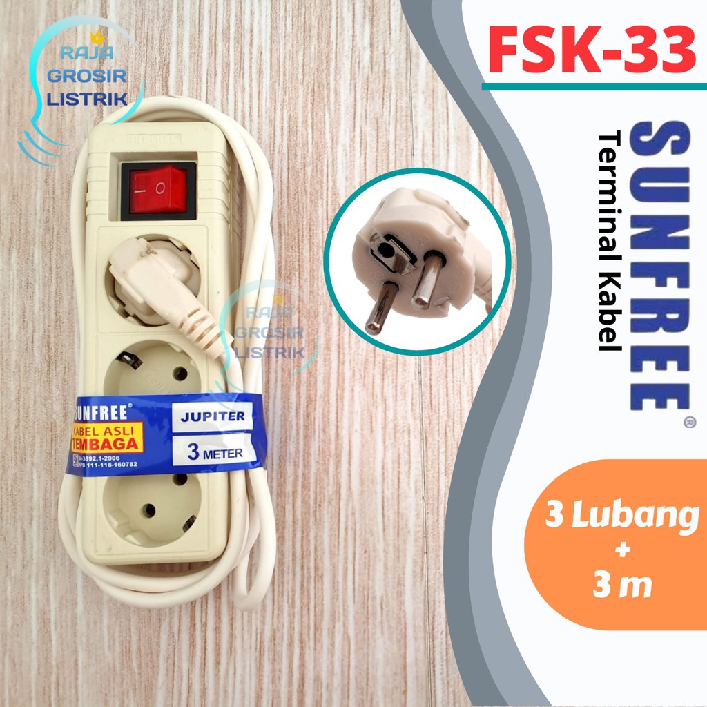 Stop Kontak Sunfree Arde 3 lubang + kabel 3 M Jupiter 33 Super Murah