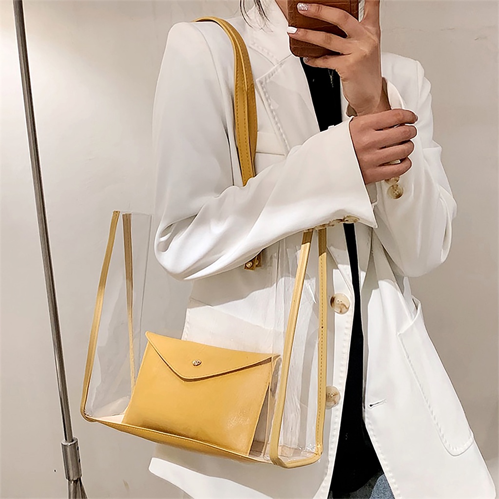 Tas Wanita Import Terbaru Tas Mika Bening Transparan Tas Wanita 2 Pcs/set Tas Tote Bag Kualitas Tinggi Model Cewek Remaja Korea Kekinian