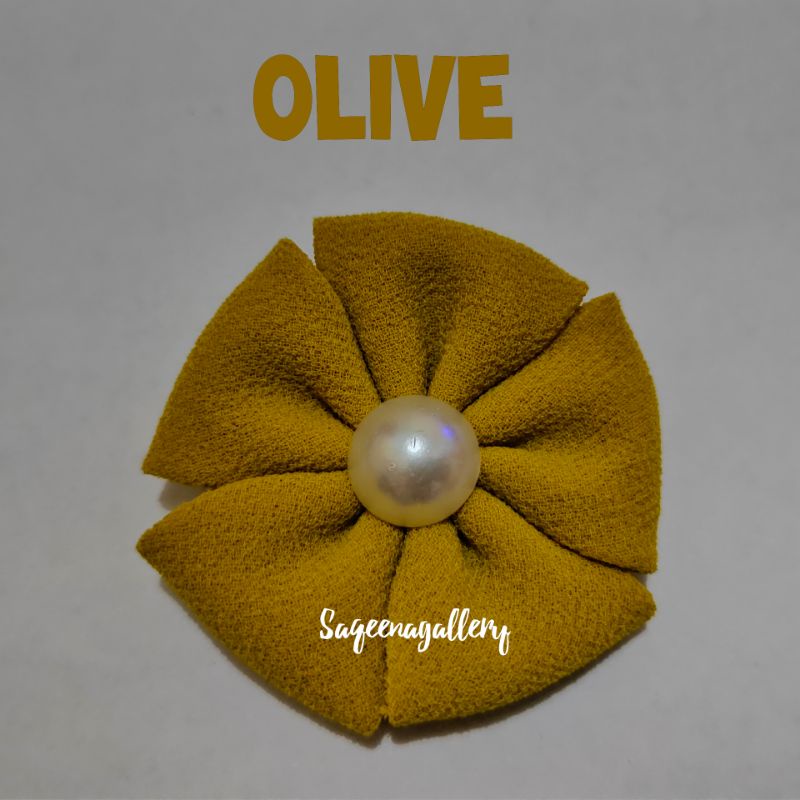 BROS BUNGA MUTIARA BROSS JILBAB MURAH MEWAH BROOCH HIJAB KAIN / SOUVENIR MURAH-Olive