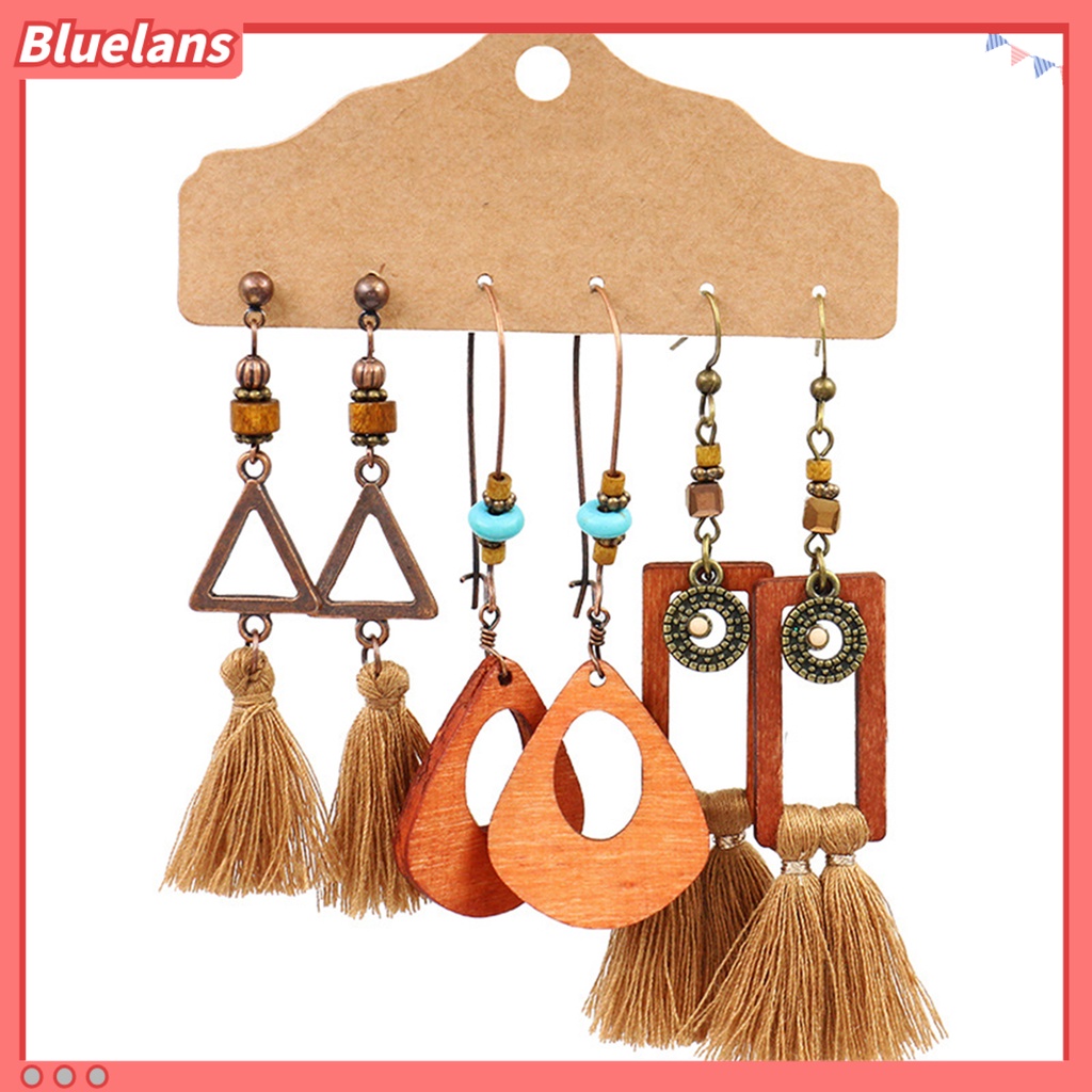 Bluelans 3 Pasang Anting Kait Gantung Wanita Desain Geometri Hias Rumbai Bahan Alloy Gaya Bohemian