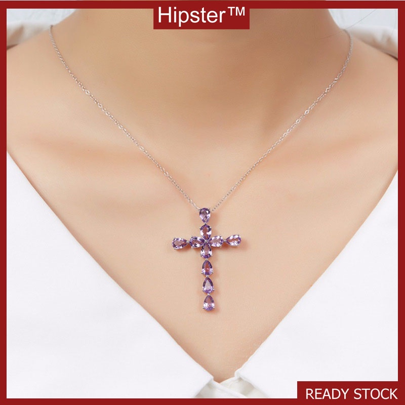 Silver Amethyst Diamond Creative Cross Color Gem Pendant Necklace