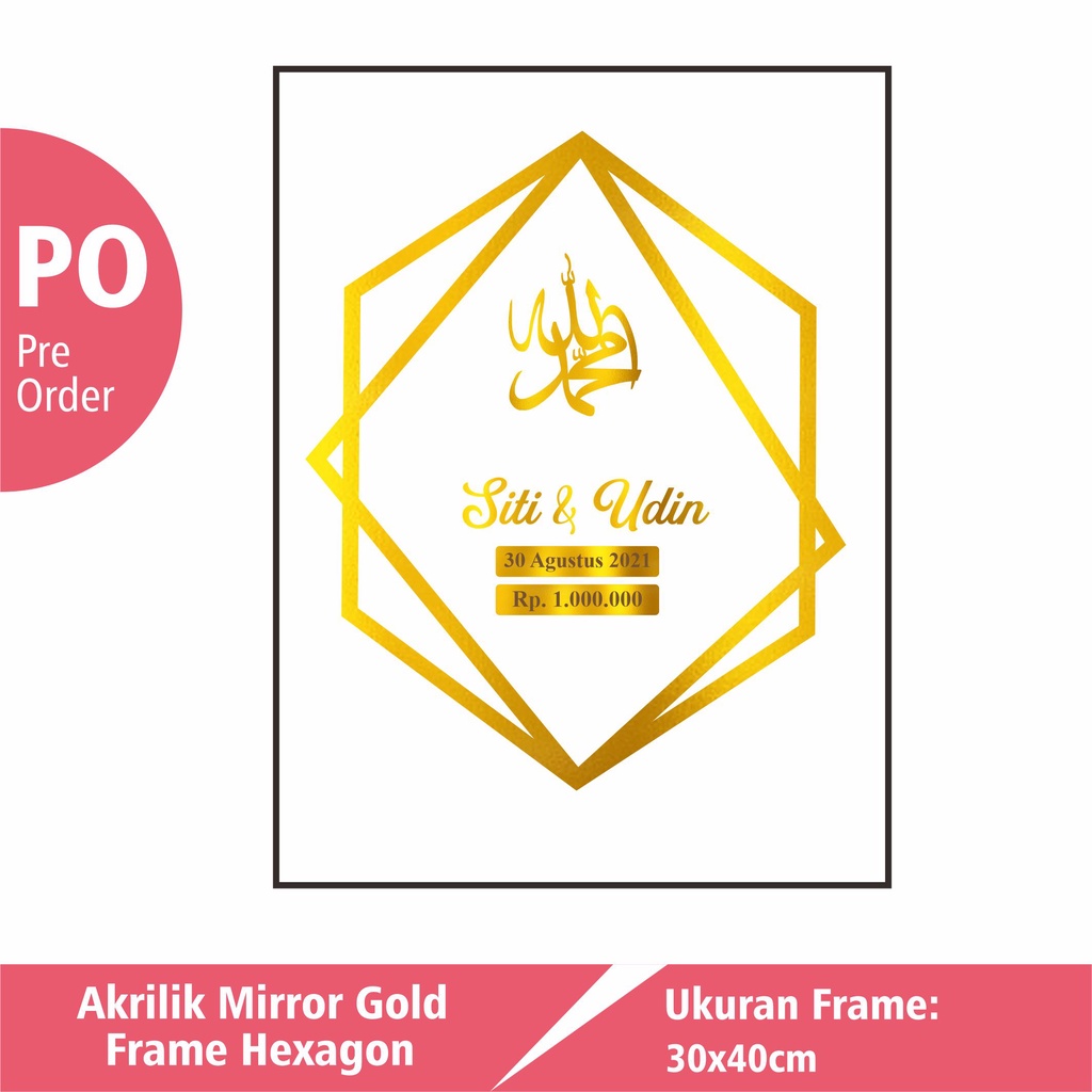Frame Hexagon Akrilik Mirror Gold Dekorasi Mahar Pernikahan